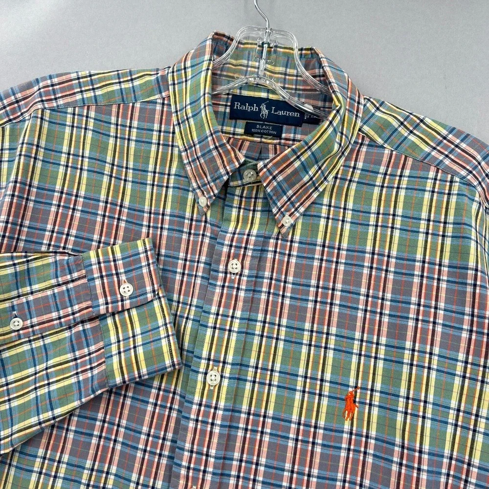 Polo Ralph Lauren Shirt Mens Large Pink Green Plaid Button Down Madras Blake VTG